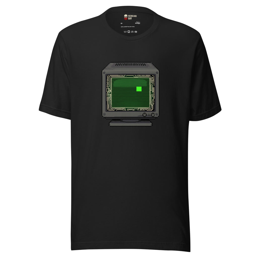 Pixel art CRT monitor with terminal green glow and circuit trace frame on black unisex tee for developer streetwear
