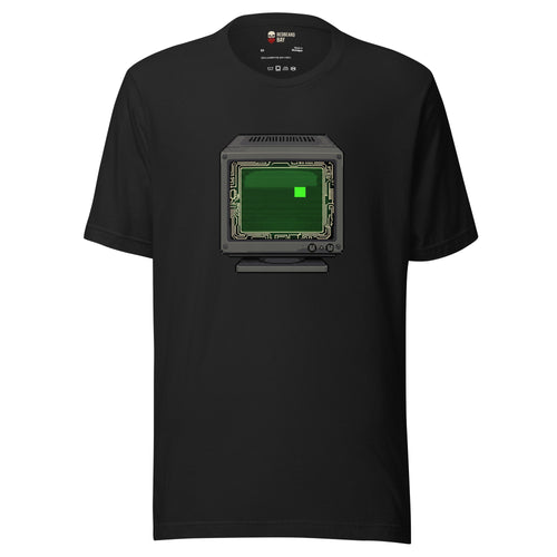 Pixel art CRT monitor with terminal green glow and circuit trace frame on black unisex tee for developer streetwear