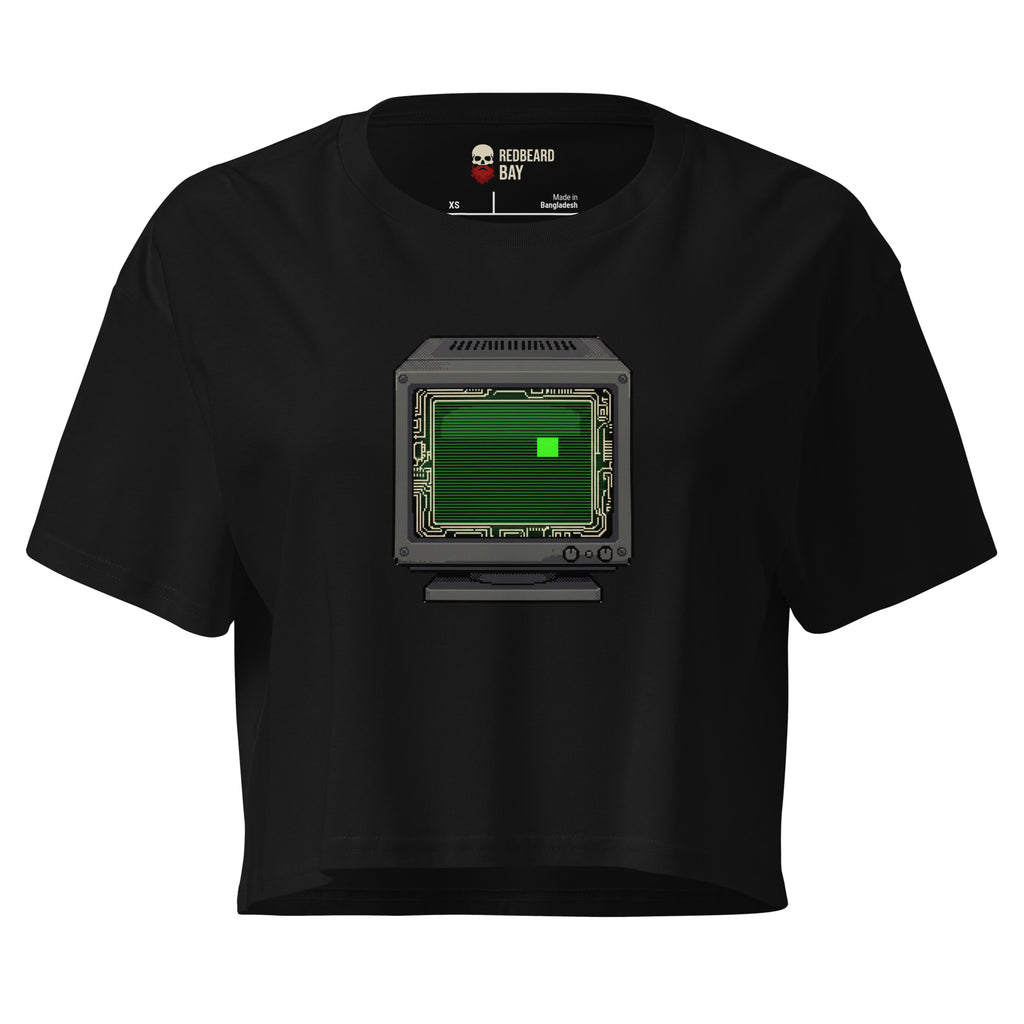 Pixel art CRT monitor with terminal green screen on black women's crop top for developer streetwear