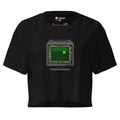 Pixel art CRT monitor with terminal green screen on black women's crop top for developer streetwear