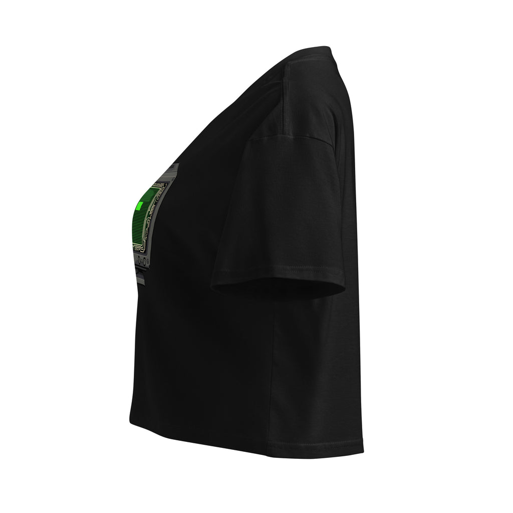 Pixel art CRT monitor with terminal green screen on black women's crop top for developer streetwear