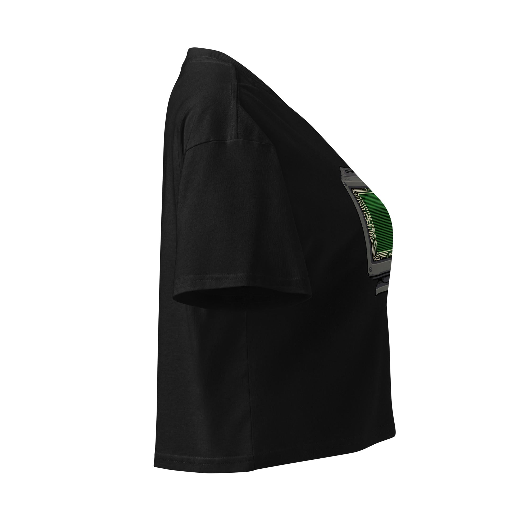 Pixel art CRT monitor with terminal green screen on black women's crop top for developer streetwear